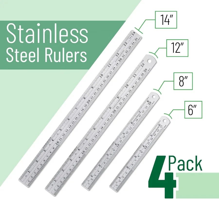 4-Pack Steel Rulers Set - 6/8/12/14 Inch Metal Rulers for School Office