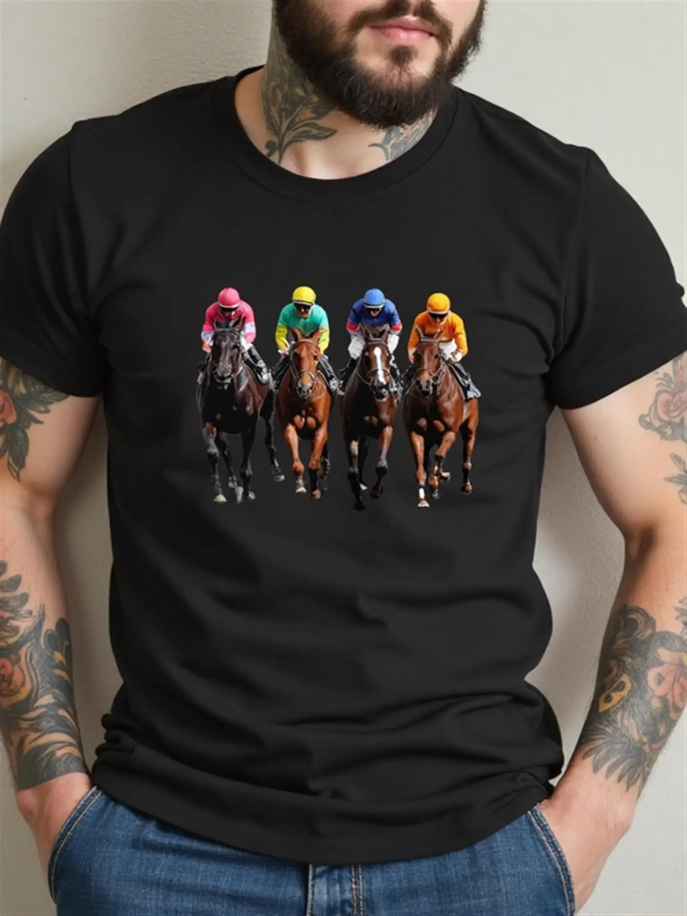 

Men's Horse Racing Graphic T-Shirt, 100% Pure Cotton, Breathable, Jockey and Galloping Horse Print, Colorful Silk Rider Regular Fit Casual Short-Sleeve Crew Neck Shirt, Suitable for Horse Racing Events and Everyday Wear, Ideal Men's Gift, Slight Stretch