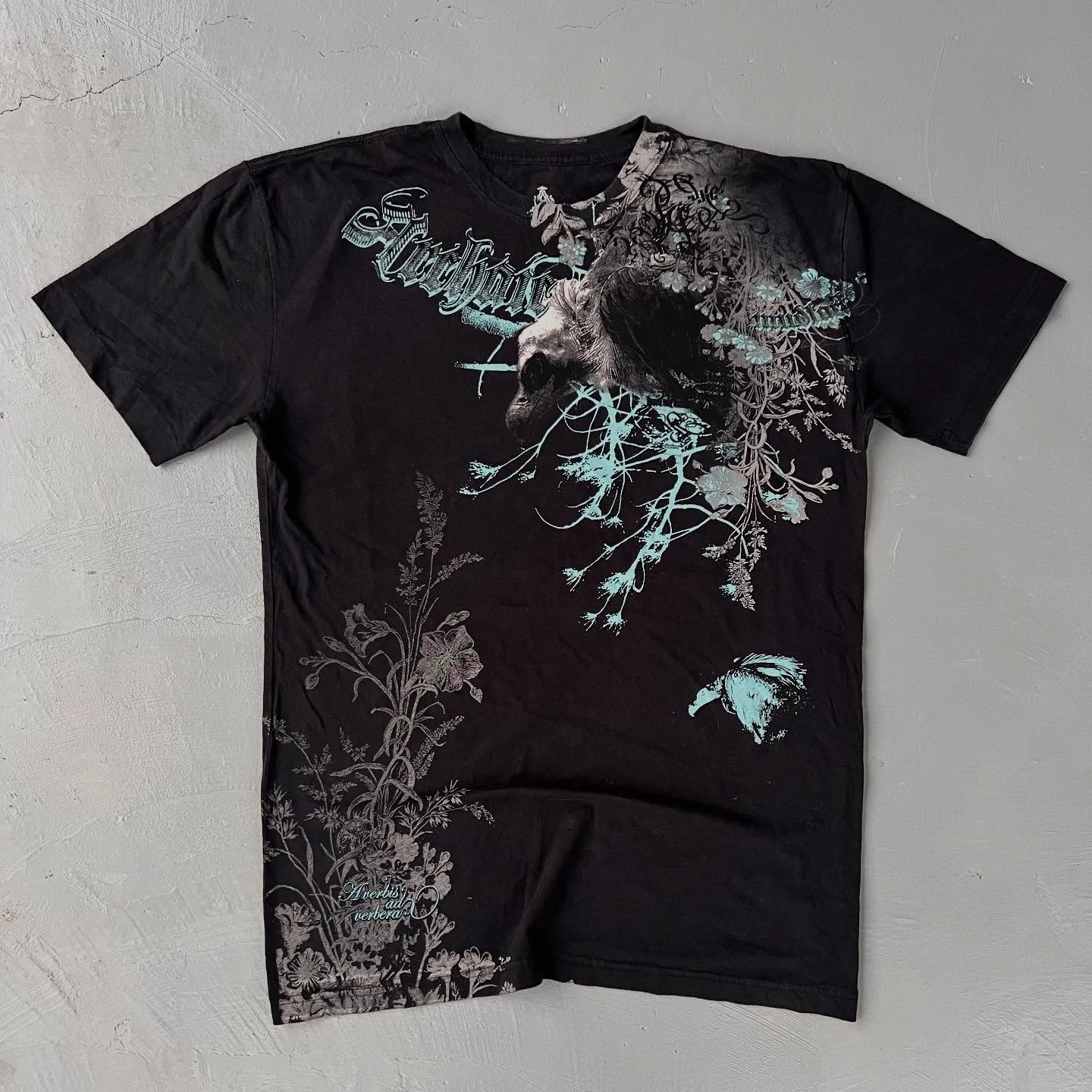 

European and American retro Archaic skull flower and bird T-shirt Dark print Trendy street loose short sleeves