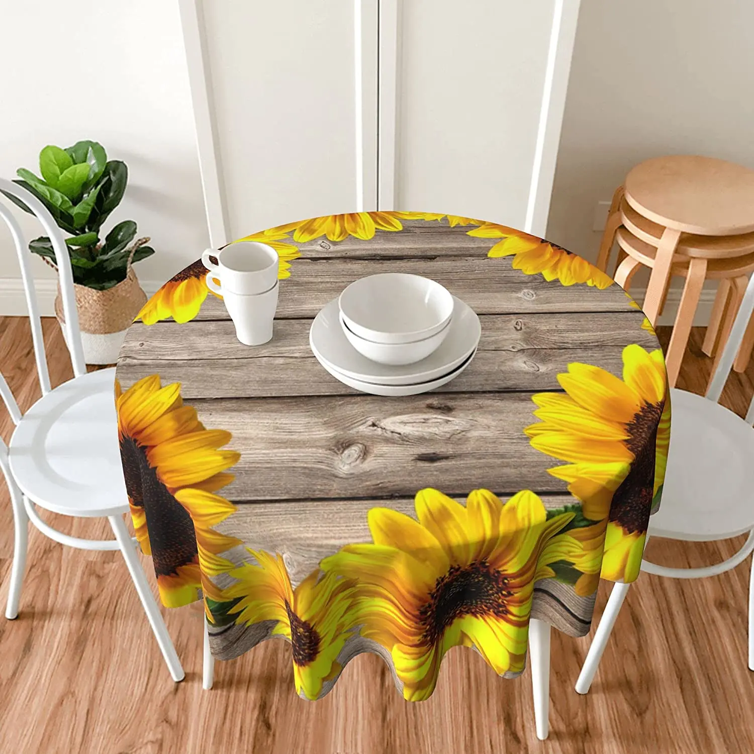 Table Cloth Round 60 Inch Autumn Sunflower on Rustic Wood Grain Tablecloth Waterproof Washable Table Cover for Outdoor Intdoor