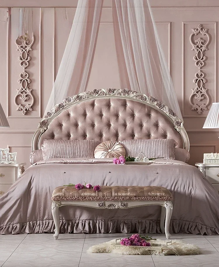 French furniture European retro princess bed upscale girl pink solid wood soft bag zipper bed