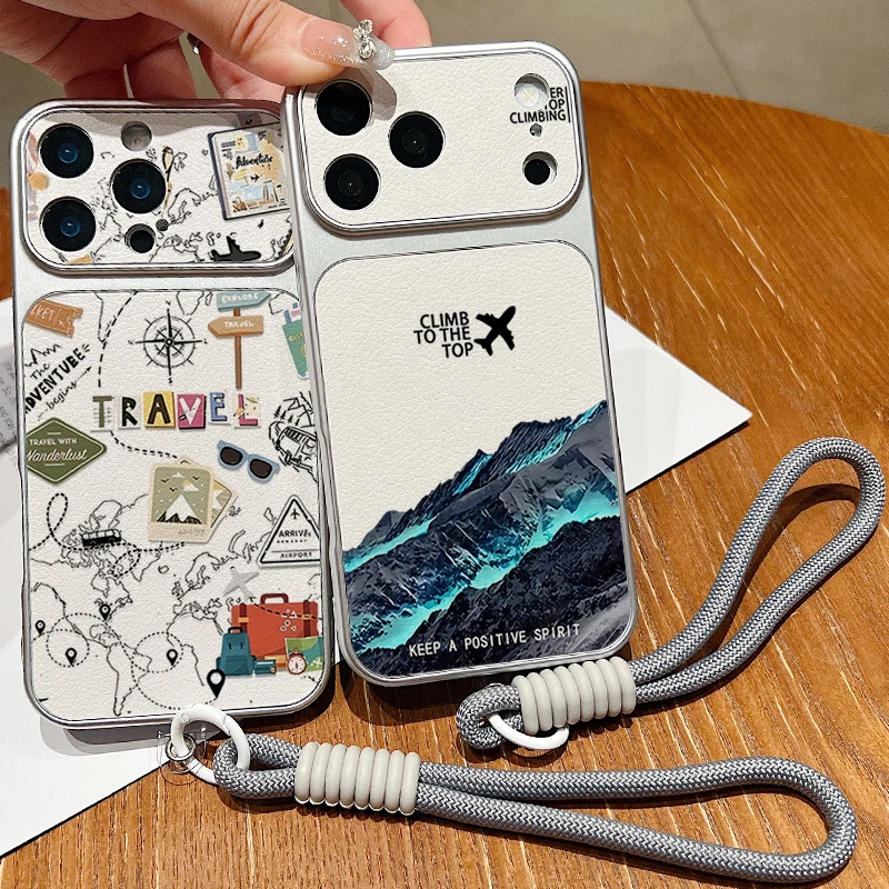 Leather Texture Phone Case For iPhone 17 Pro 16 15 14 13 Pro Max Tour Route Pattern Wrist Strap Lanyard Soft TPU Matte Cover view 2