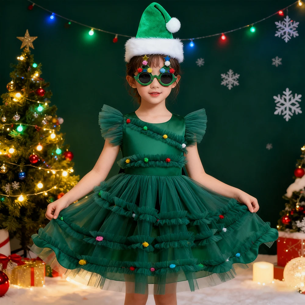 Grünes Prinzessinnenkleid für Weihnachten, Kinderkostüm mit Hut, Brille, Neujahrskleid für Mädchen, Partykleider, Weihnachten, Kinderkleidung