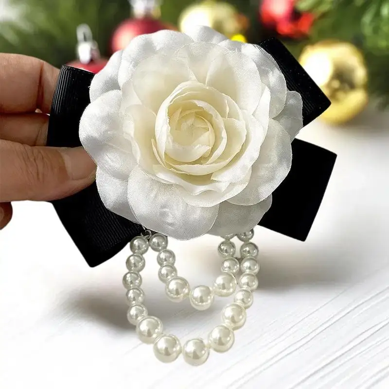 French Camellia Flower Styled Black Bow Pin; Mourning Brooch for Women's Shirt Collar Decor