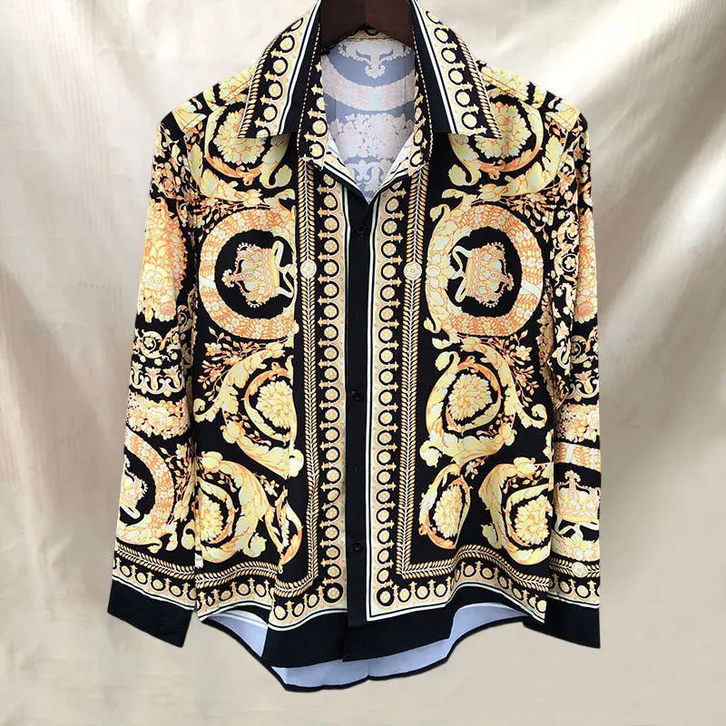 2023 Fall Luxury Royal Gold Printed Shirt Men Long Sleeve Floral Baroque Designer Shirt Men High Quality High Street Vintage