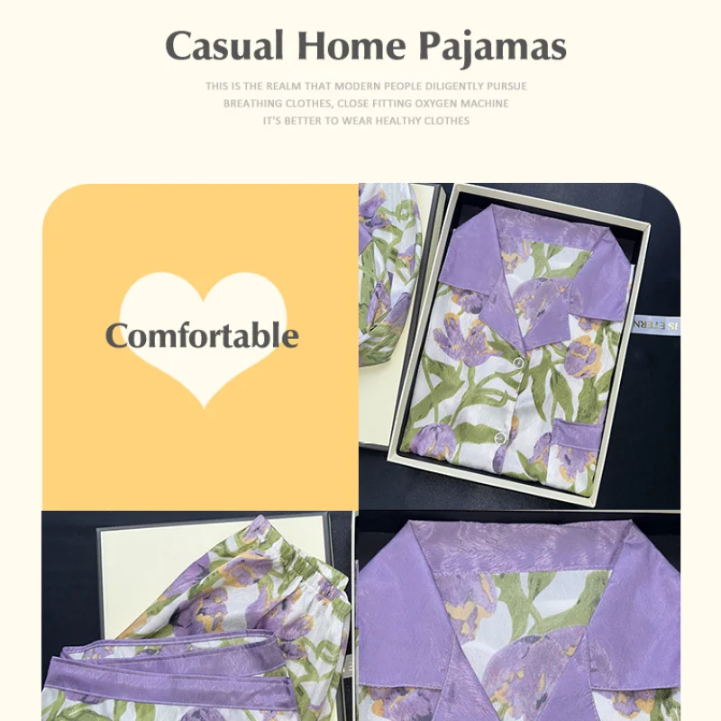 New Summer Women Faux Silk Pajamas Sleepwear Casual Pajama Set Nightgowns Shorts Printing Flower Nightclothes Home Suits 2PJS