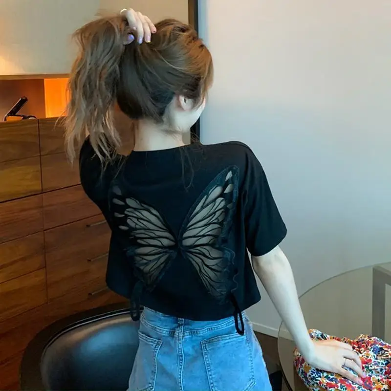 DAYIFUN-Women's Cotton Short Sleeved T-shirts Butterfly Hollow Open Back Design Tshirts New Loose Tops Long Tees Summer T-shirt