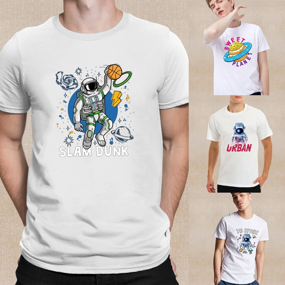 Camisetas Verão Astronauta Gráfico Impresso Manga Curta Moda O-pescoço Top Homens Casual Jovem Confortável Tee All-jogo Pullover