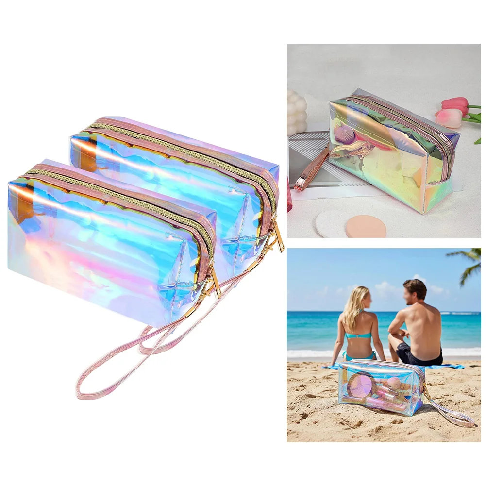 Lightweight 2 Piece Iridescent Holographic Makeup Bag Set Zipper Closure for Travel Daily Essentials Organization