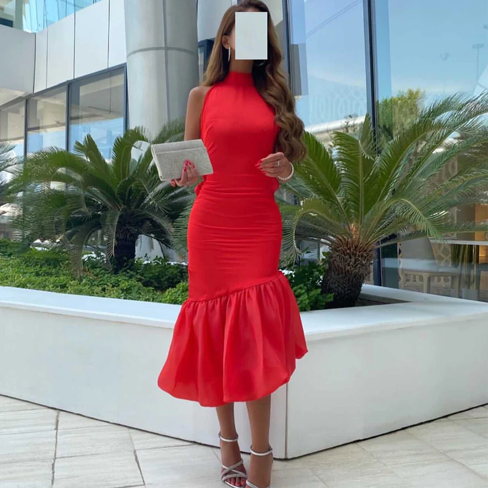 

Soft Red Jersey Evening Dress Modern Halter Mermaid Customized Homecoming Dress Tea Length Open Back Special Occasion Gowns