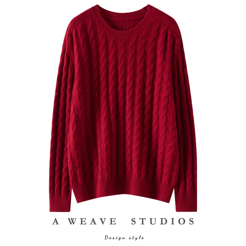 Autumn Winter Daily Womens Sweater 100% Cashmere Pullover Warm Clothes Thicked O-Neck Sequin Twisted Flower Saddle Shoulder Knit