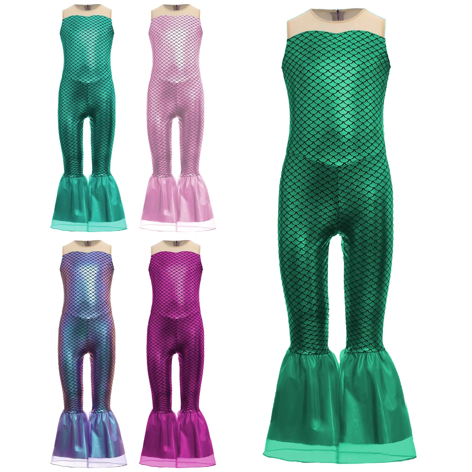 Mono de sirena sin mangas para niñas, traje de mono de longitud completa con estampado de escamas de pescado metálicas, disfraz de Cosplay de sirena para Halloween