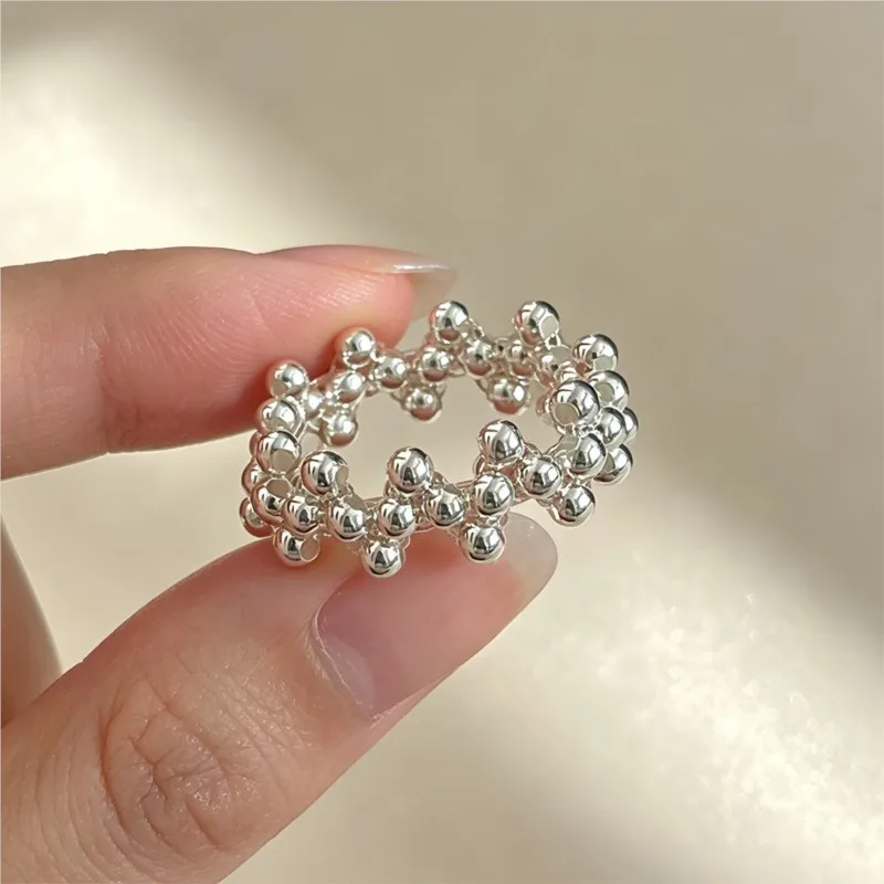 Sam Panda 925 Sterling Rings for Women Simple Geometric Handmade Irregular Retro Dots Round Ring Allergy For Birthday Gift