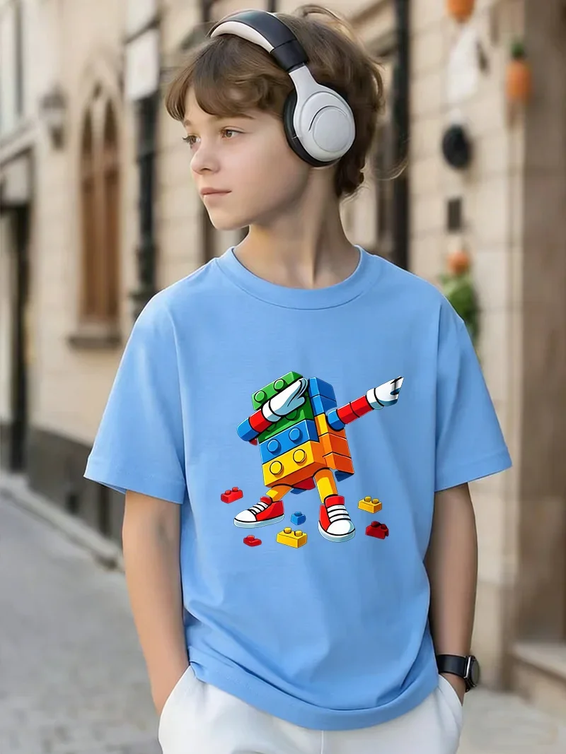 Summer Children's Dab Dance Colorful Building Block Robot Printed Short-Sleeved T-Shirt Boys and Girls Comfortable Casual Top