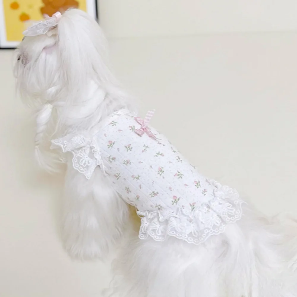 Pet Spring Vest Dog Home Clothes Flying Sleeves Lace Bow Teddy Bear Floral Skirt Puppy Clothes Dog Clothes for Small Dogs