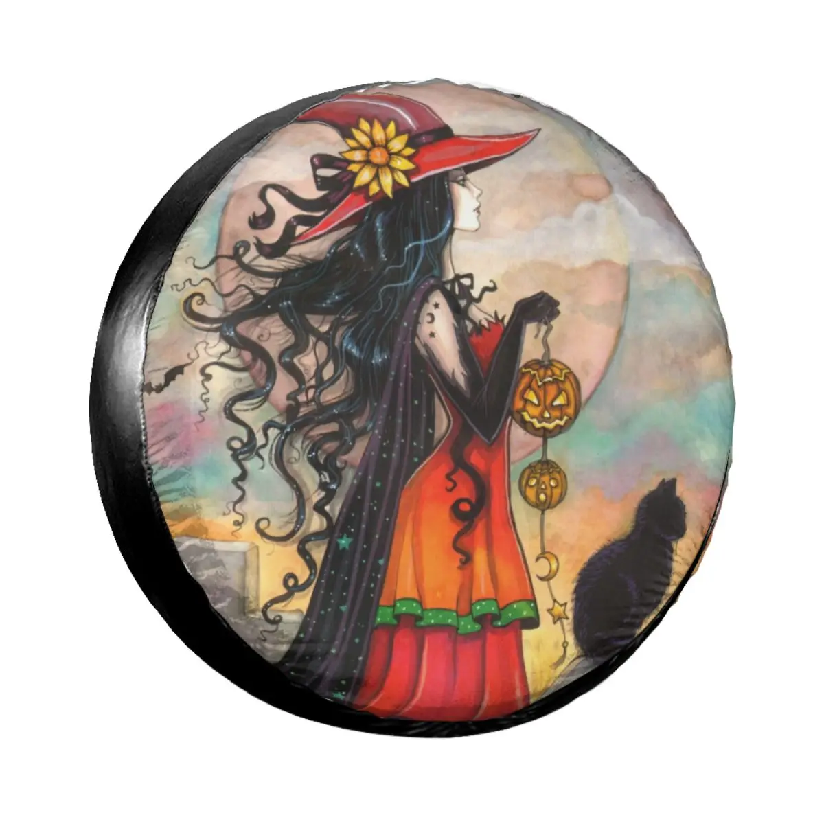 Halloween Witch And Black Cat Fantasy Art Spare Tire Cover Bag for Jeep Honda Occult Gothic Wiccan Car Wheel Covers