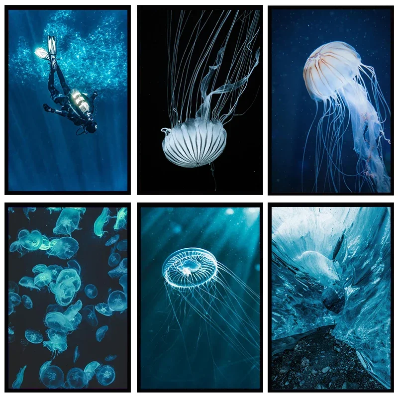 Underwater Seascape Series Dolphin Jellyfish Turtle Nordic Canvas Painting Poster Aesthetic Wall Picture Bedroom Home Decoration