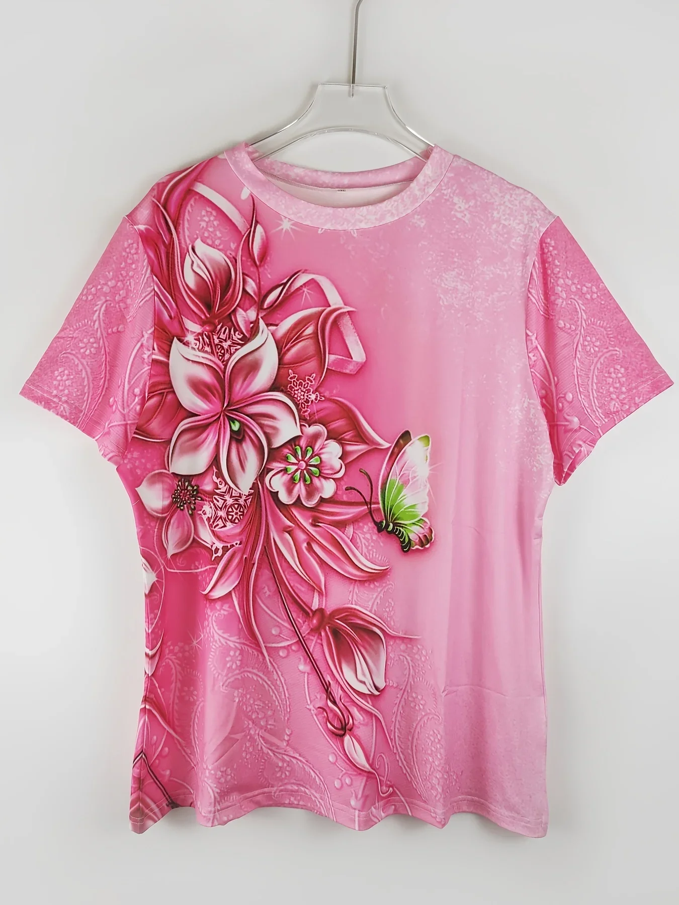 Plus Size Women Floral Butterfly Print T-Shirt, Crew Neck Short Sleeve Loose Casual Summer Ladies Tee Top