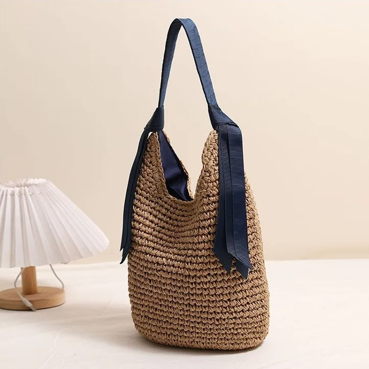 Neue 2026 Einfarbige Strohtasche Sommer Bohemian Style Strandurlaub Einzel-Schultertasche Geflochtene Handtasche für Damen – Detail 9