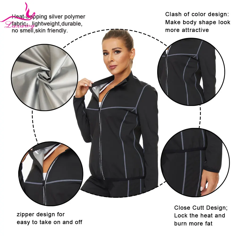 LAZAWG Sauna Jacket for Women Sweat Top Weight Loss Long Sleeves Thin Thermo Sportwear Fitness Ladies Body Shaper Gym Workout