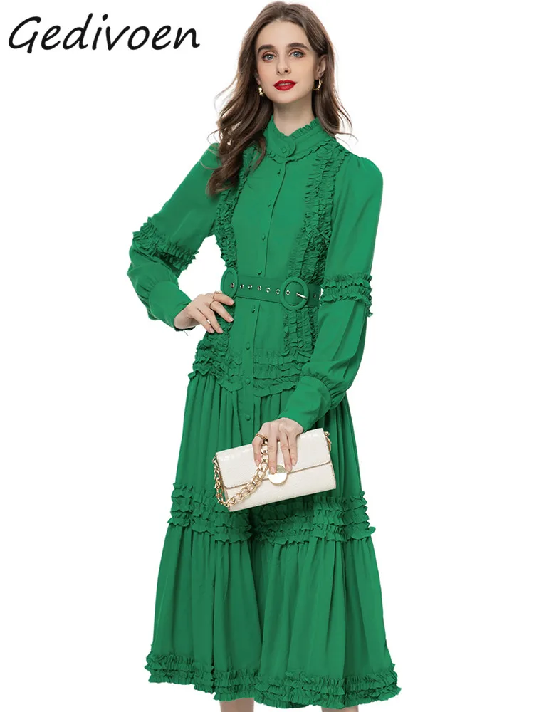 

Gedivoen Autumn Fashion Designer Green Vintage Dress Women's Stand Collar Button Ruffles Sashes Gathered Waist Slim Long Dress