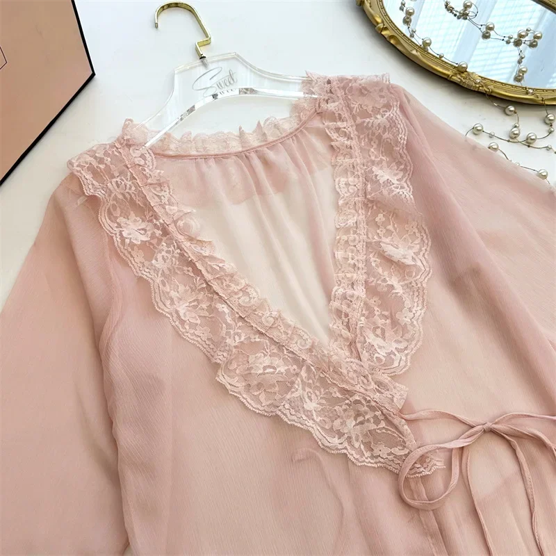 Twinset Robe Gown Set Summer Women Mesh Lace Sleepwear Rayon Bathrobe Nightdress Suit Female Kimono Nightwear Loungewear