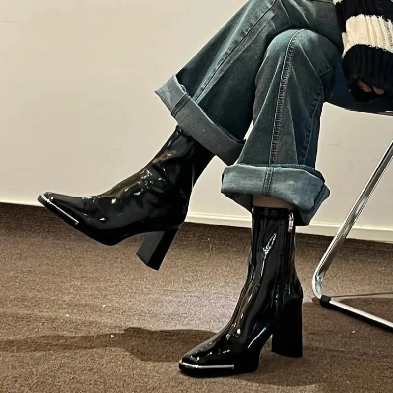 

Designer Women Shoes Short Boots Autumn Versatile Square Toe Leather Shoes for Women High Heels Skinny Boots Zapatos Botas Mujer