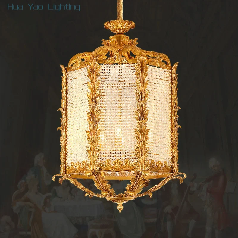 European Style Luxury Crystal Light Brass Hanging Lights Lanterns Decorative Cage Light Pendant Lamp