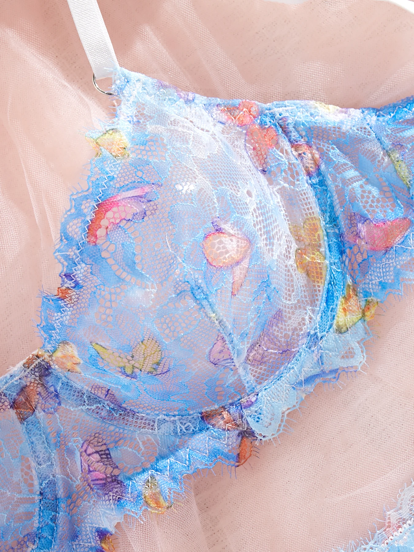 Dámská průhledná modrá krajková sexy spodní prádlo s motýly, nabíraná push-up podprsenka, denní pohodlné přiléhavé spodní prádlo - náhled 3