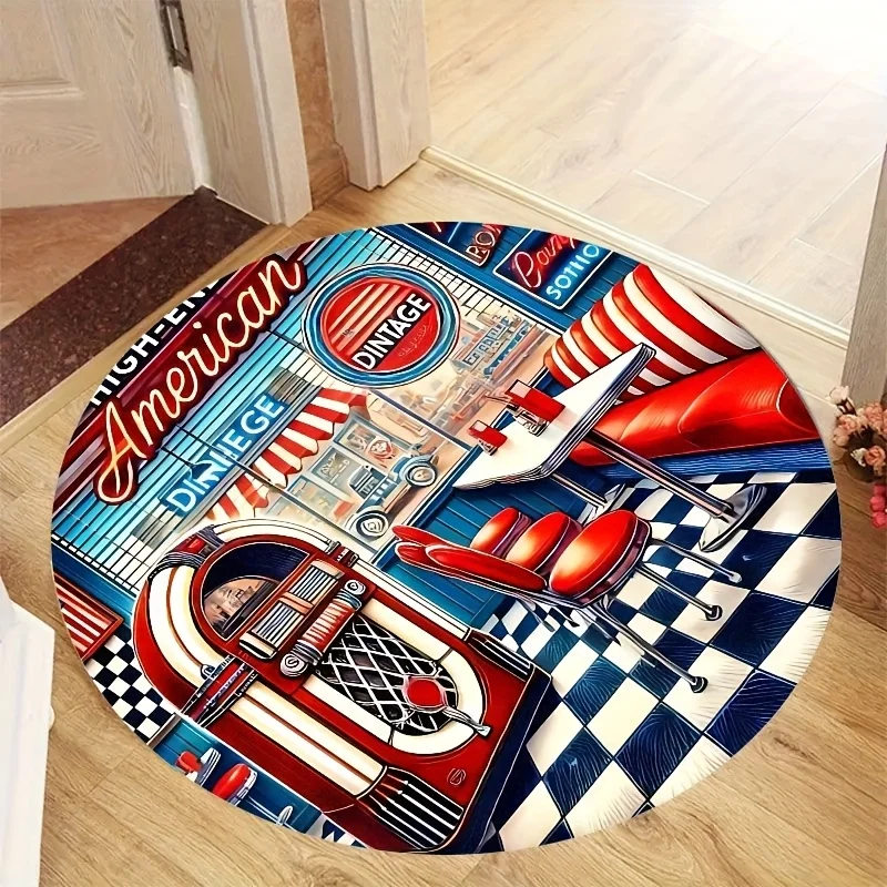 American Diner Jukebox Checkered Round Rug Flannel Retro Kitchen Bar Mat Non Slip Vintage Style Restaurant Home Decor Floor