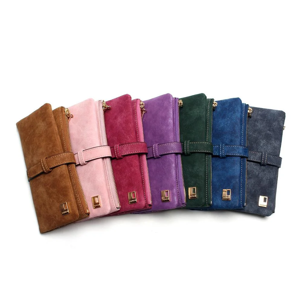 

New Fashion Women Wallets Drawstring Nubuck Leather Zipper Long Design Purse Two Fold More Color Clutch Purse Women Coin Purse
