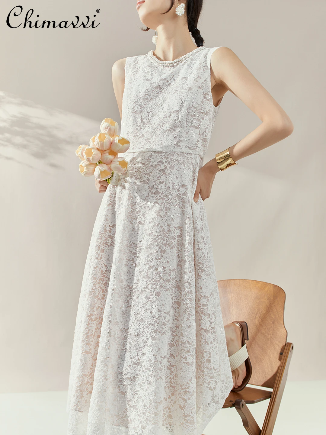 

French Elegant Style Heavy Industry White Lace Dresses Beading Round Neck Sleeveless High Waist Slim Long Evening Dress Women