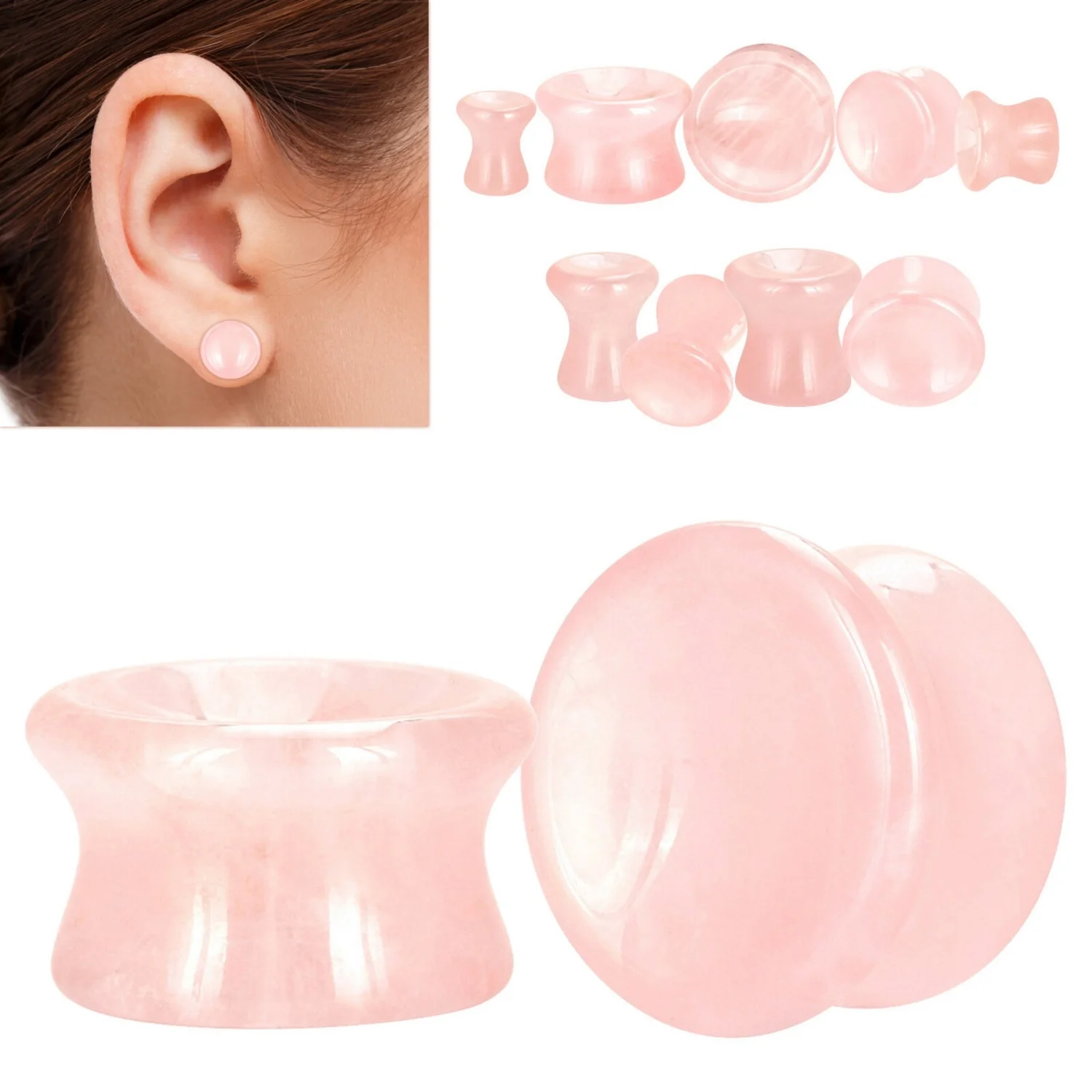 1/2 Pair Ear Gauges Plugs-Natural Rose Quartz Opalite Saddle Ear Expander Stretcher Ear Tunnel Piercing Body Jewelry