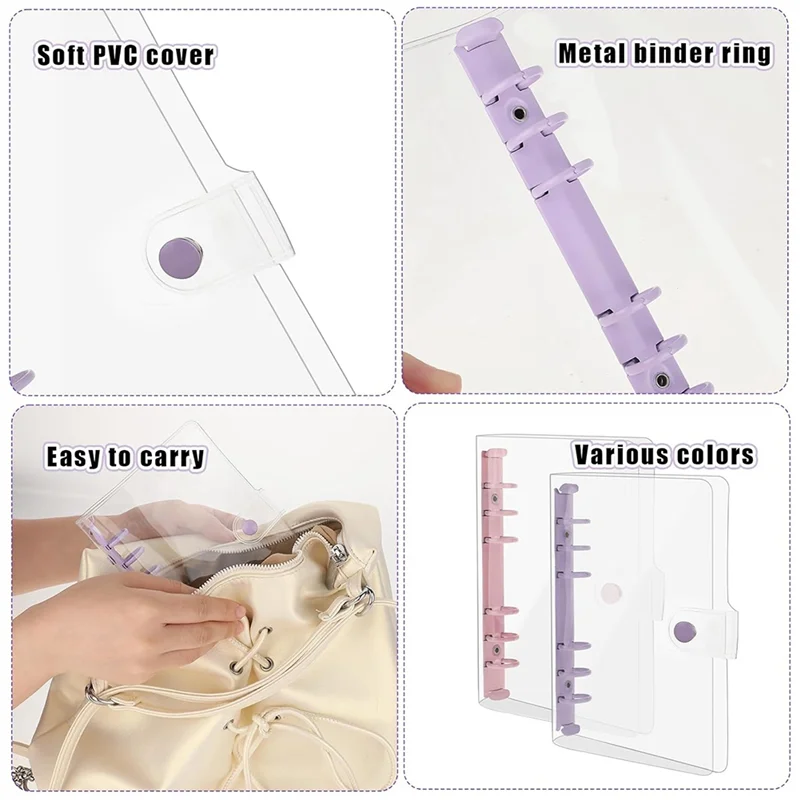 ABTS-2 Pack A6 Soft PVC 6 Rings Binder, Clear Budget Binder, Refillable Planner Binder, Ring Binder Cover With Snap Button