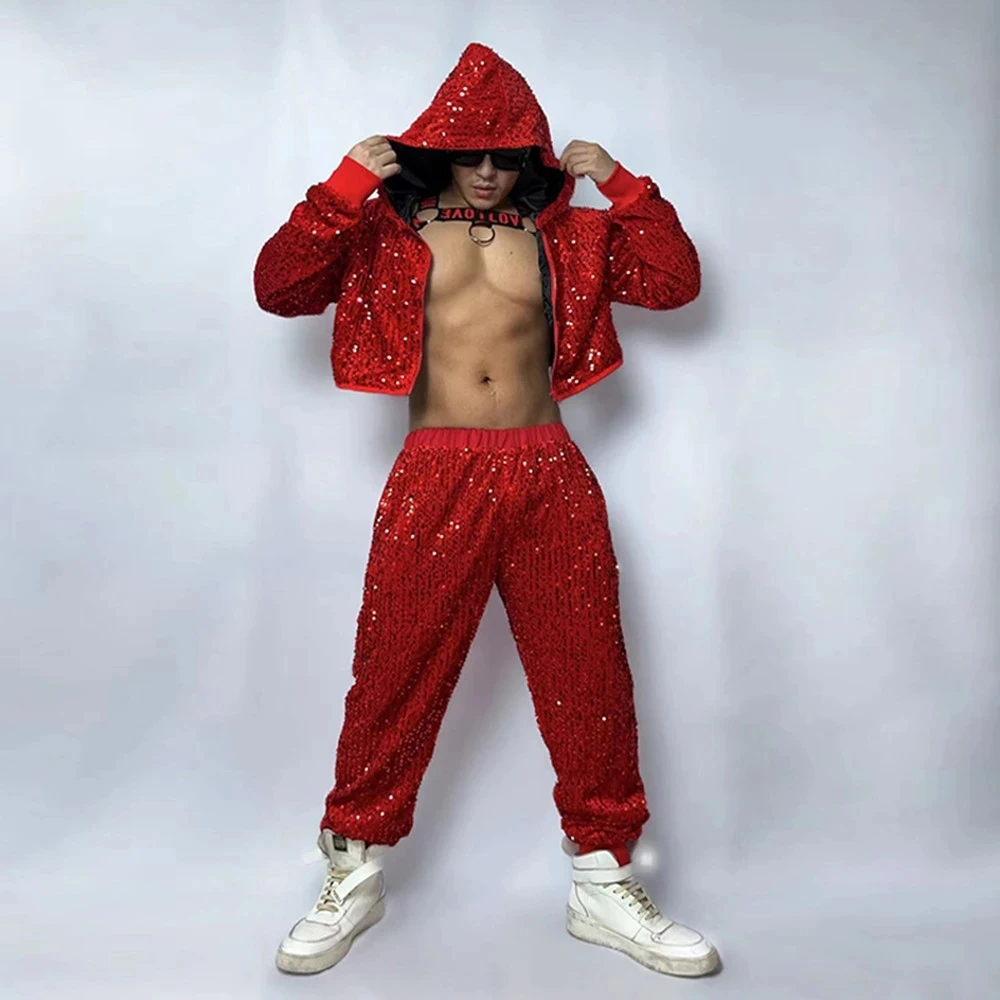 Men  Dancer Costume Singer  Sequins Hip Hop Dance Clothes Nightclub Bar Gogo  Jacket Pants Luxury Performance Outfits