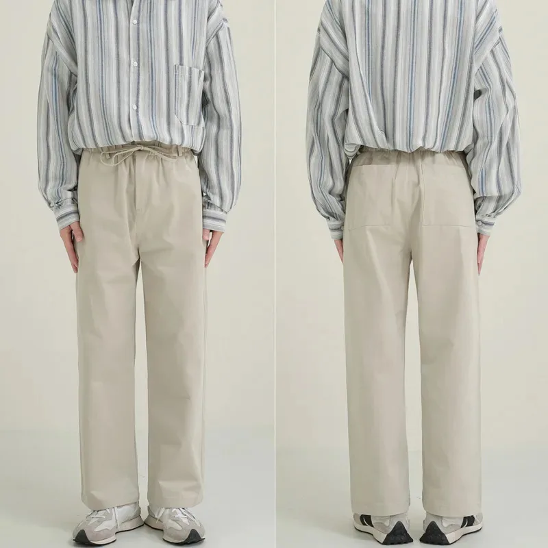 Cotton Beige Pants Men Fashion Drawstring Casual Pants Men Streetwear Korean Loose Straight Pants Mens Trousers M-2XL