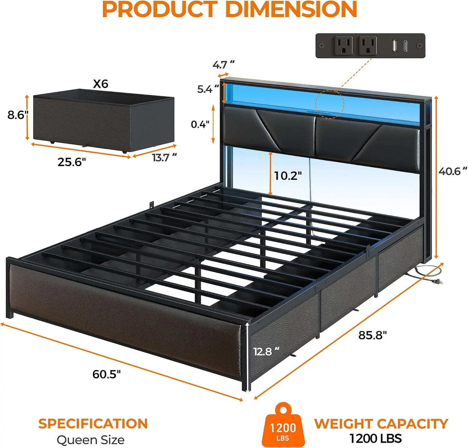 Queen Bed Frame with Storage Headboard, 6 Drawers, LED & Charging，Customized