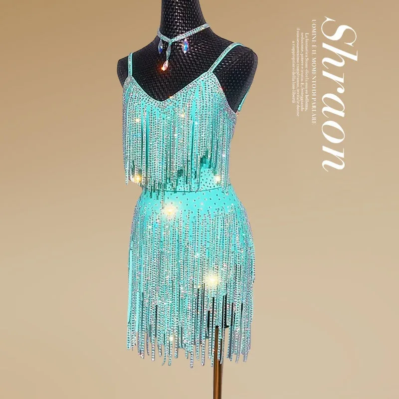 

Одежда для латиноамериканских танцев: детский облегающий костюм с бахромой на бретелях для выступлений, для девочек и взрослых, с бриллиантами, для художественных экзаменов