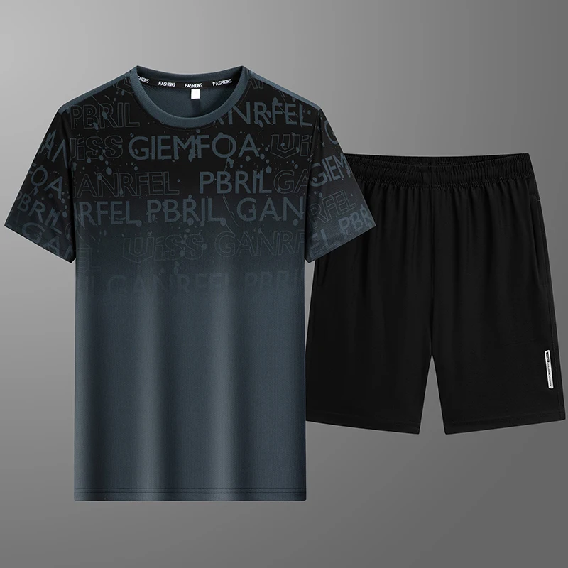 Summer Men's Letter Gradient Crew Neck Pullover Short Sleeve T-shirt Elastic High Waist Pockets Shorts Casual Preppy Style Sets