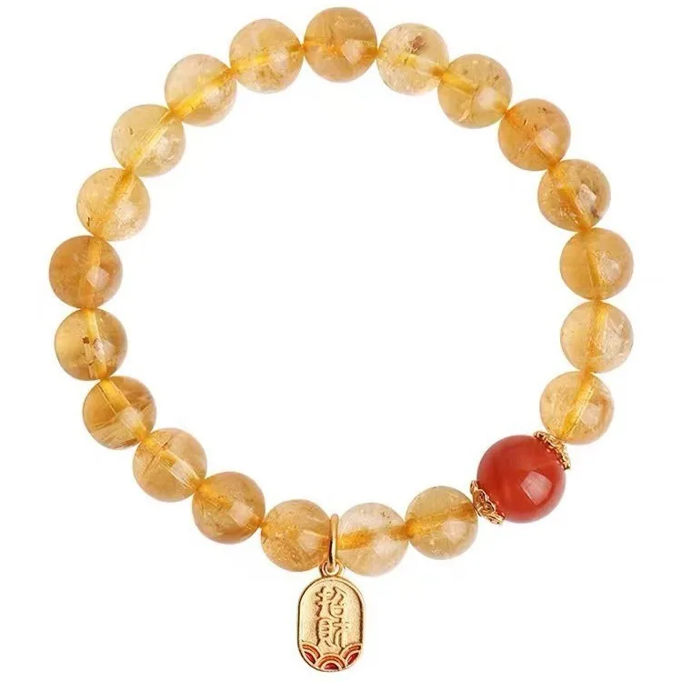 Chinese Style 8mm Natural Brazilian Citrine Bracelet For Women Red Agate Beaded Lucky Wealth Attracting Feng Shui Blessing Jewel