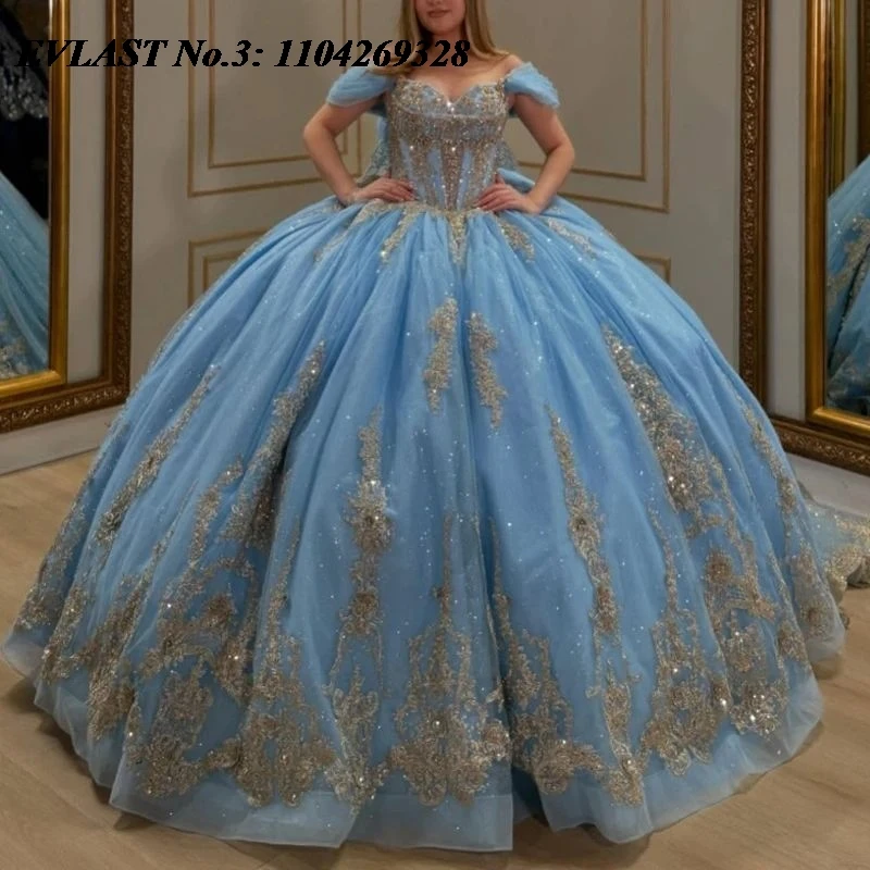 

EVLAST Customized Glitter Sky Blue Quinceanera Dress Ball Gown Gold Lace Applique Beading Sweet 16 Vestidos 15 De Anos E3Q884