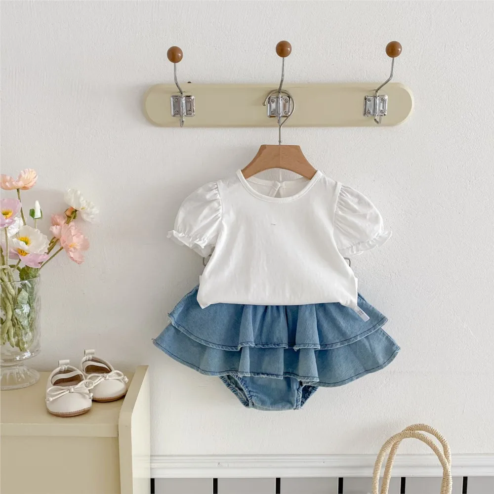 

Tops Puff Sleeves Tees+denim Cake Skirts,elegant Kids Birthday Casual Clothes Outfits 2025 Baby Girls Summer Clothing Set White