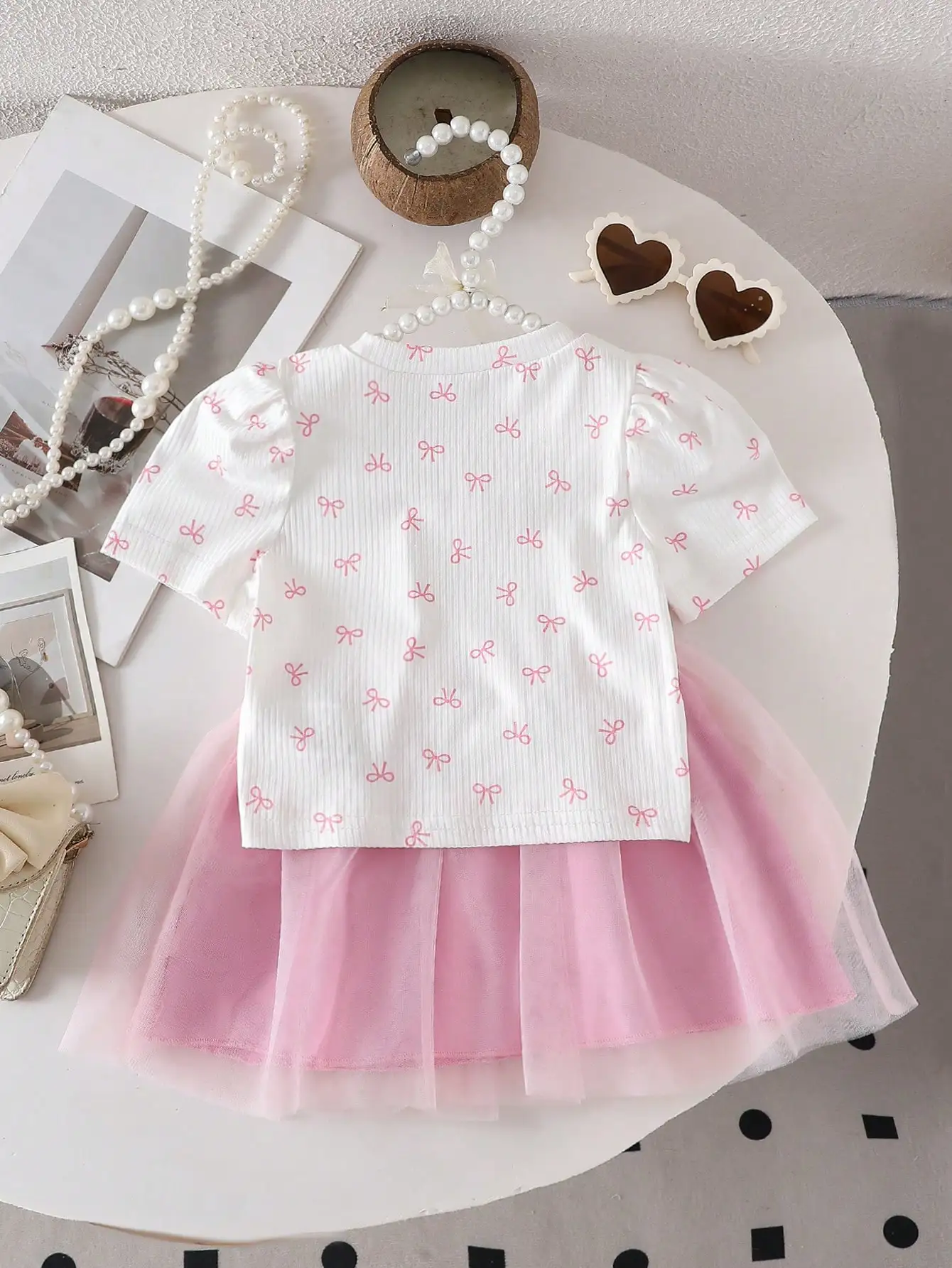 Two piece set of baby girl butterfly bow printed bubble sleeve T-shirt and mesh short skirt, sweet and cool style, cute, explosi