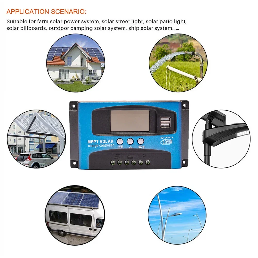 MPPT Solar Charge Controller 50A 60A 100A Dual USB LCD Display Solar Cell Panel Charger Regulator with Load 12V 24V