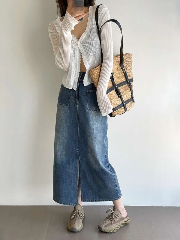 

Zichuan Waed Distred Denim Skirt Women's Summer Casual mid Waist PVC Fabric Ciwalk Batwing pe Skirt