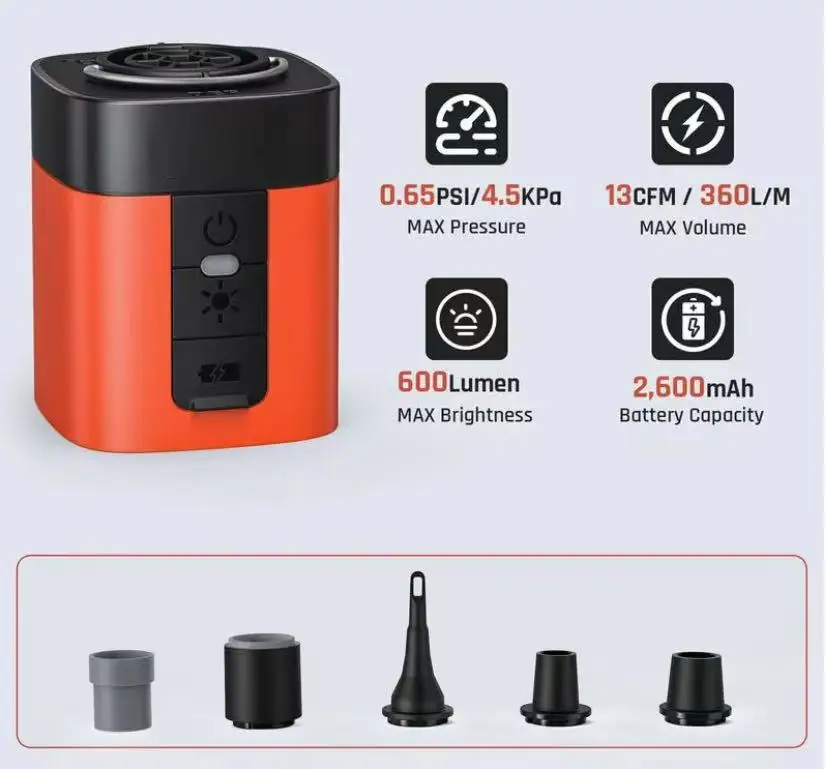 Mini Rechargeable Electric Air Pump 360L/min Fast Inflate Deflate with 600LM LED Camping Light 2600mAh Portable Air Inflator