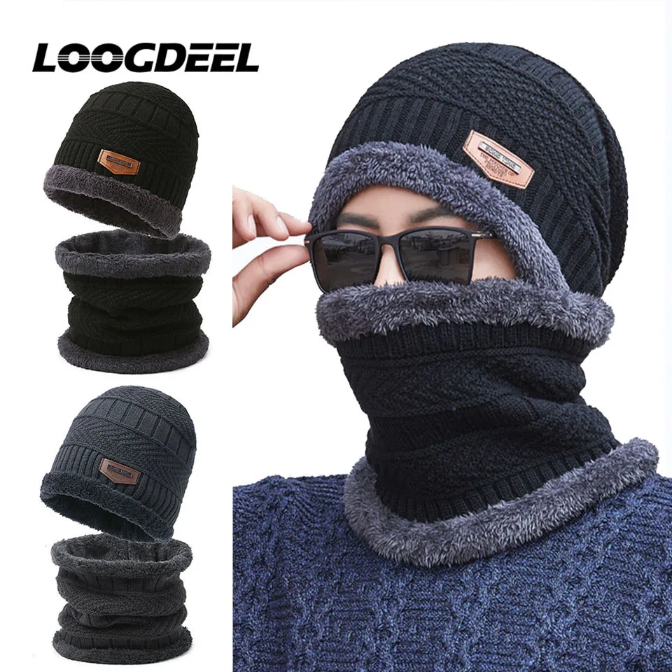 LOOGDEEL Winter Beanie Hat Men Knitted Cap Women Thickening Wool Neck Scarf Balaclava Fashion Mask Set Warmth Bonnet Headwear