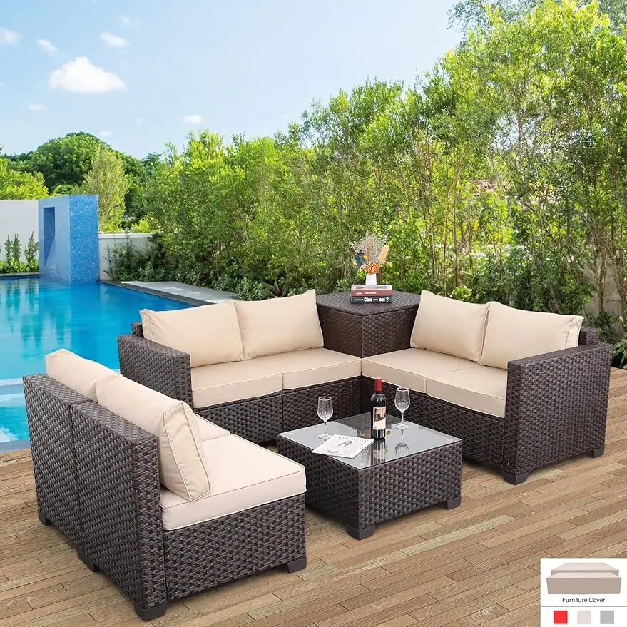 

6 Pieces Patio PE Wicker Furniture Set Outdoor Brown Rattan Sectional Conversation Sofa Chair with Storage Table and Cushions