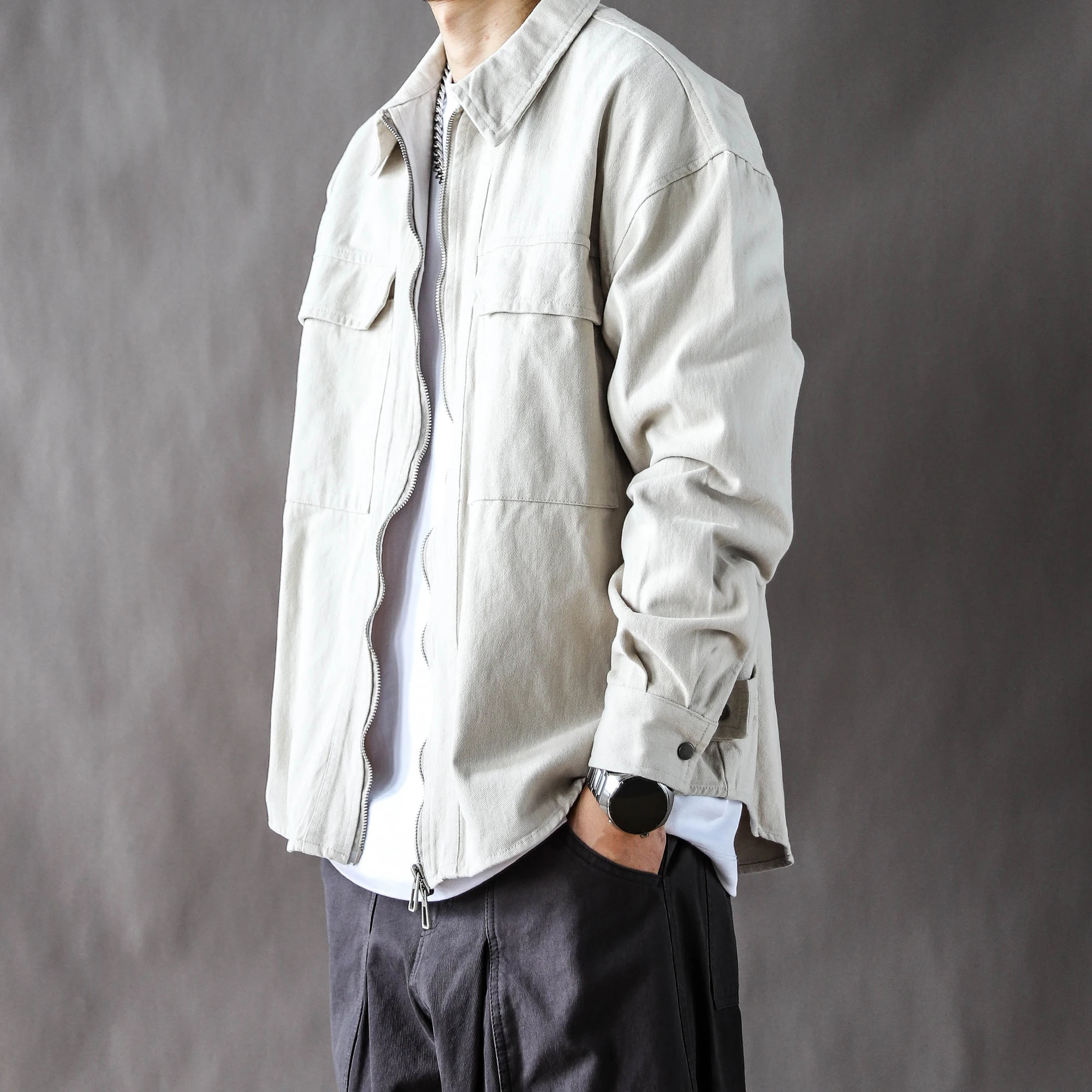 Męska kurtka w stylu retro japońskim, na wiosnę i jesień, casualowa odzież robocza, luźny krój, styl high street, biała bawełniana kurtka na zamek błyskawiczny.
