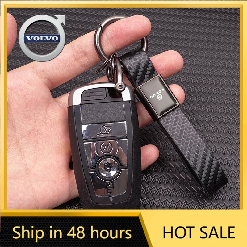 

2026 Hot Volvo Carbon Fiber Car Key Chain Black Leather Keyring Pendant Car Interior For Volvo Rdesign V60 V40 XC90 XC60 V50 S90